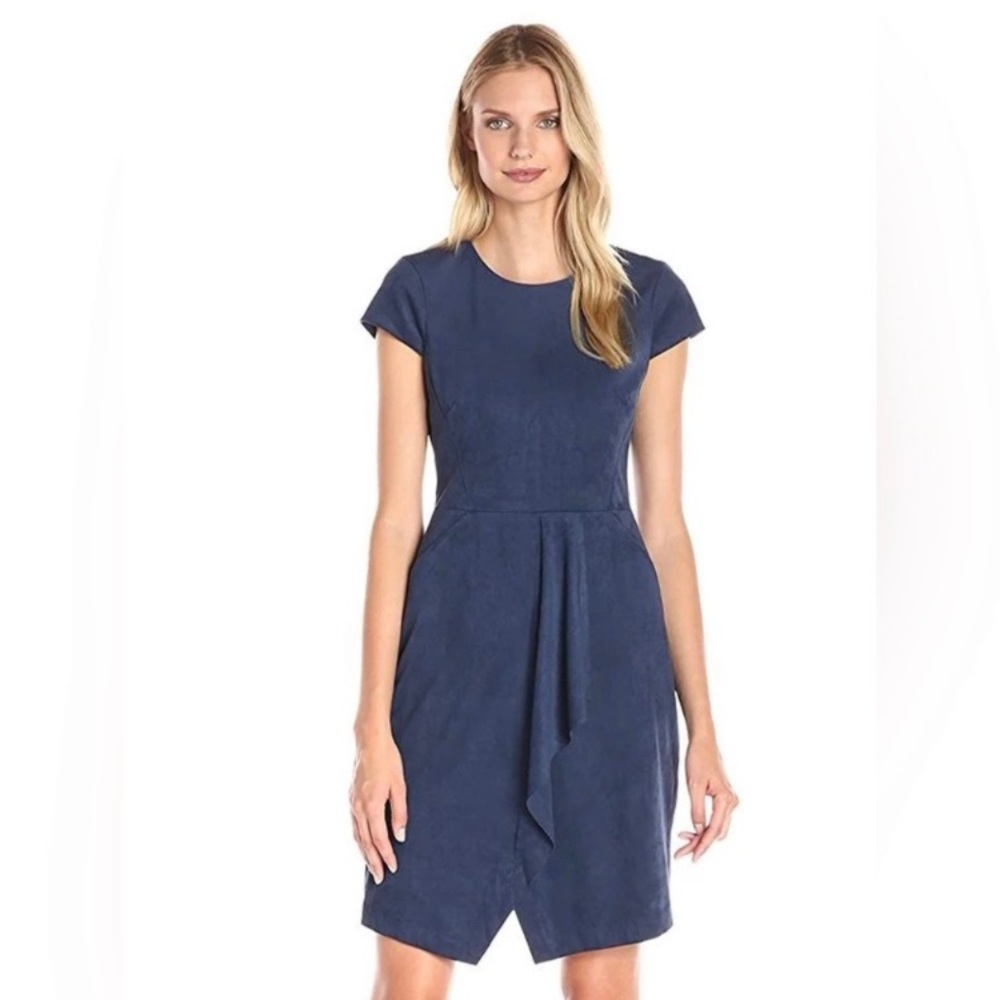 Maggy London Navy Blue Faux Suede Jewel Neck Sheath Dress Size 16